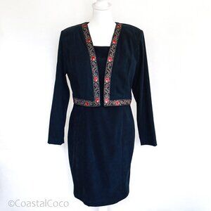 Vintage RJ&Co Dress Jacket Set 12P Micro Suede Floral Embroidered Career Office